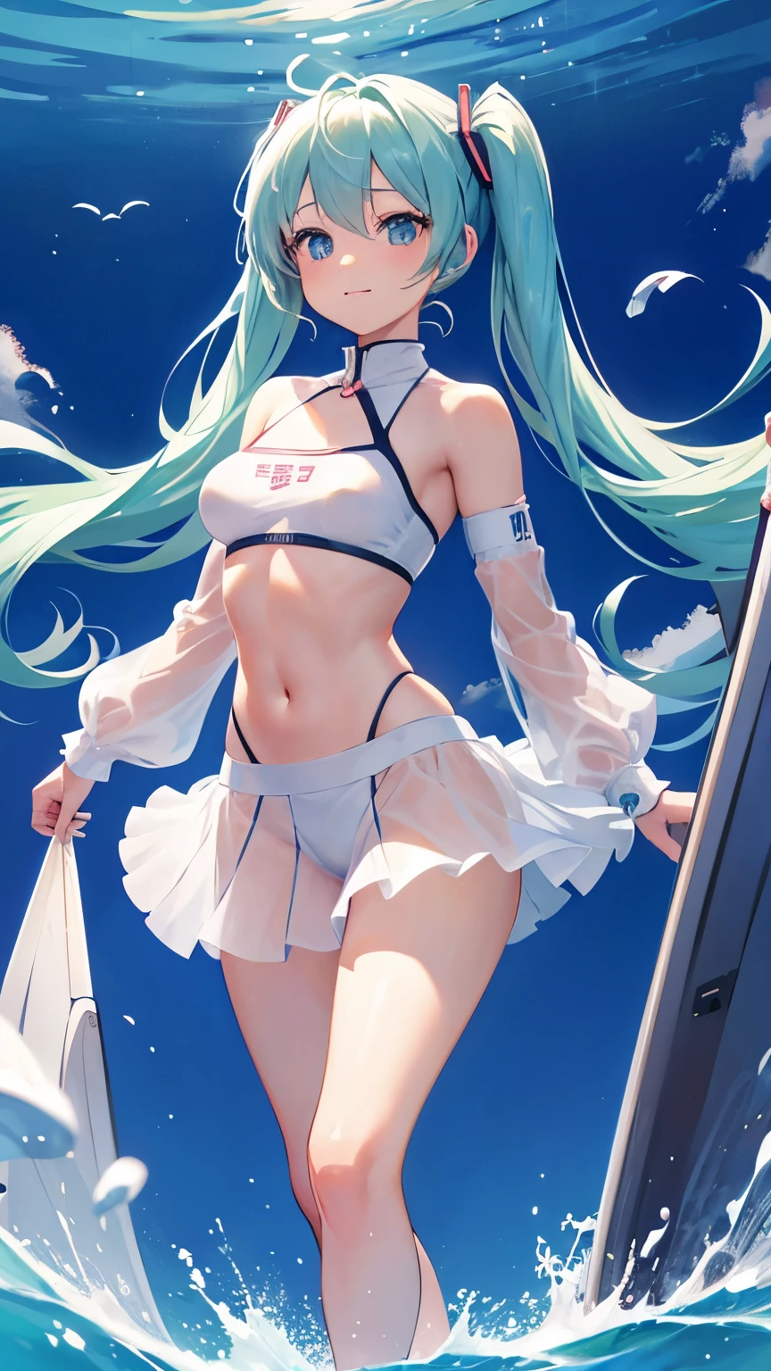 (1 girl),(high quality), (High resolution), (extremely detailed), (8K),(lower body shot),(Hatsune Miku wears panties under her transparent wedding dress),(wearing black knee-high stockings)not wearing shoes,perfect writing,(Beautifully erect nipple shape:1.2),High resolutionの美しい目,(neutral white lighting:1.2),Dancing in another world with strong winds