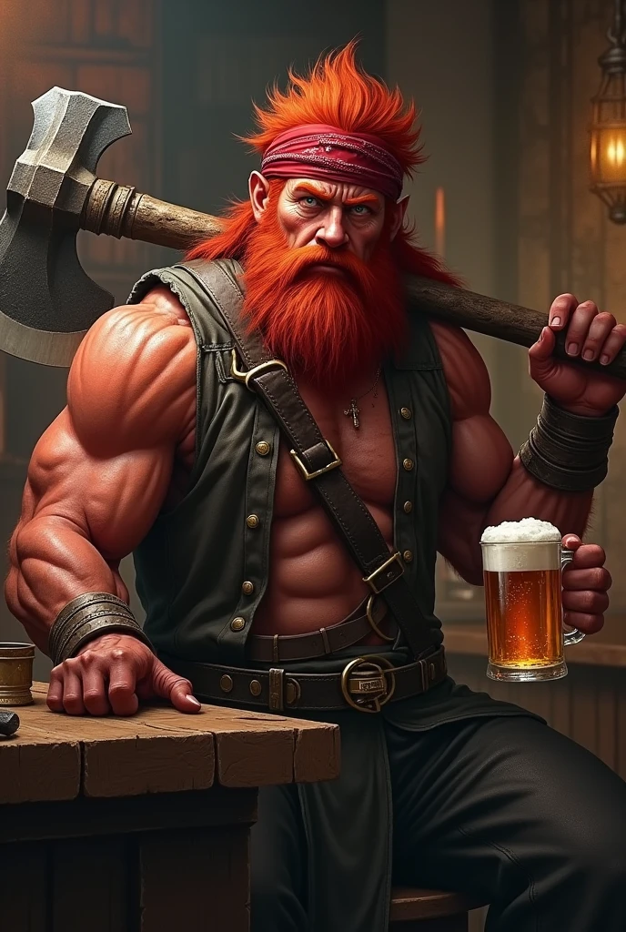 A fire Genasi male, hair red, red skin, a dark red bushy beard a large battle axe in one hand and a mug of ale in the other. He’s kind of meh faced and sitting in a bar. Wearing a bandana on his head and a shirt no sleeves. Class fighter. Beard bushy
