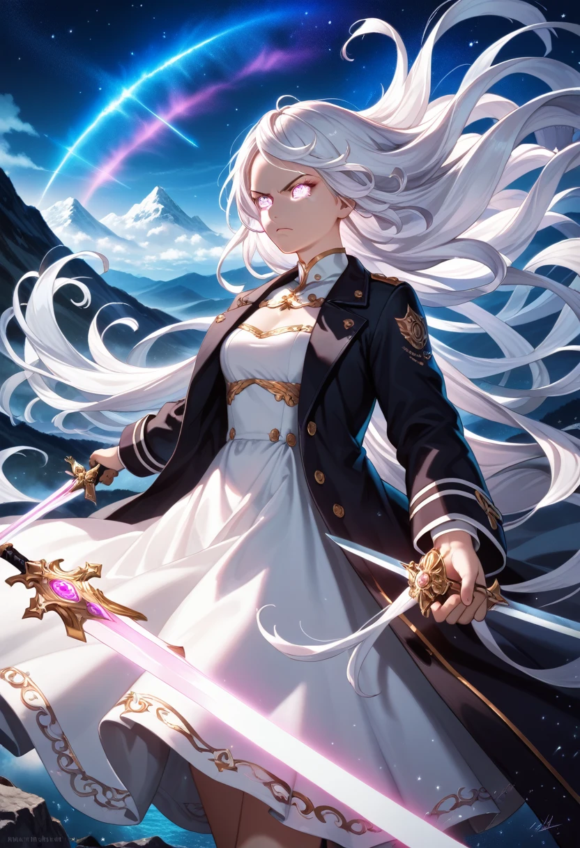 anime-style, beautiful girl, long flowing white hair, military-style black coat, white dress, holding glowing swords, dual swords, glowing light, determined expression, focused gaze, wind-blown hair, dramatic landscape, starry night sky, vibrant rainbows, arcing rainbows, majestic mountains, vast body of water, mystical atmosphere, powerful aura, celestial backdrop, soft light on face, detailed facial features, luminous eyes, artistic depth, emotional resonanc, (masterpiece, Highest quality, Very detailed, Ultra-high resolution:1.2, 16K, High Contrast), SuperQuality