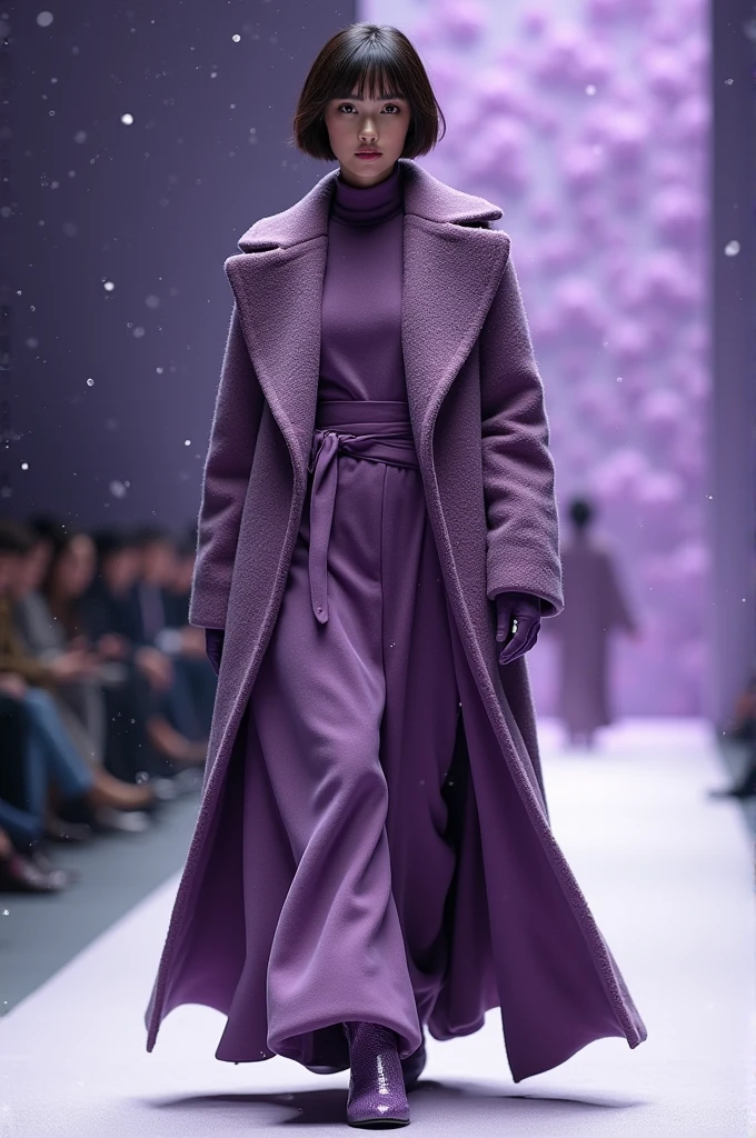 (Winter haute couture show), (full bodyesbian),Senior model,brunnete hair(pixie hair style:1.2),dressed in( purpleish color,purpleish color),Wool felt texture,( purpleish color,purpleish color)(High-grade cashmere)(Large sweater),(coat large),(Robe), (Multi-layer composite skirt), hyper HD, Masterpiece, Charming eyes,Anatomically correct, Textured skin, Super detail, Award-Awarded, Best quality, 8K background: purple snowflower, Distant view, Catwalk, Realistic, inside in room:Catwalk scene, (((Runway scene))), (Snowflakes in the background)