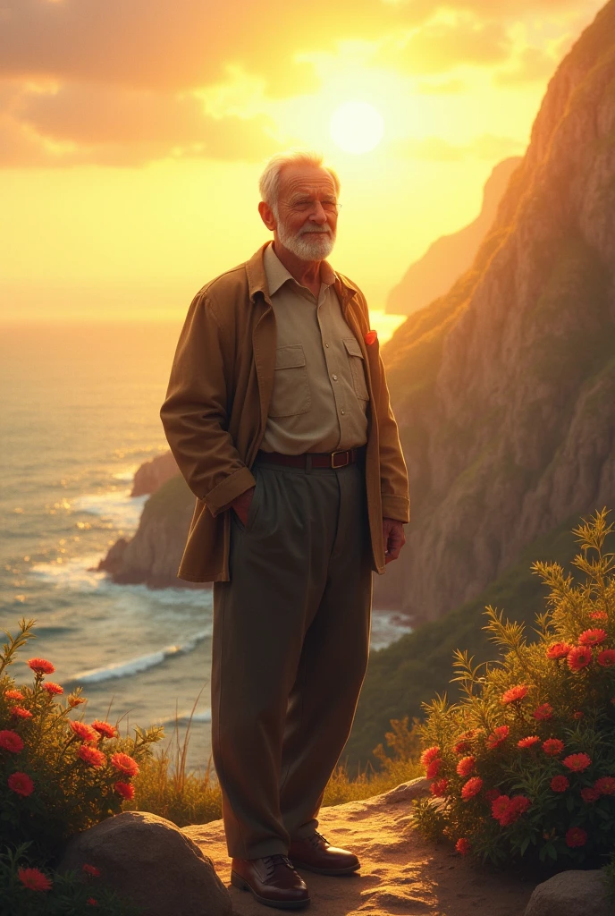 A vertically oriented digital artwork depicting a middle-aged or elderly man or woman standing in a serene, natural landscape. The person exudes confidence, contentment, and fulfillment, representing a life well-lived. The background could be a warm sunset over a peaceful ocean or a majestic mountain landscape, symbolizing the journey and achievements of a lifetime. The overall color scheme should be warm, with golden and earthy tones, to convey a sense of maturity and richness in life. The pers