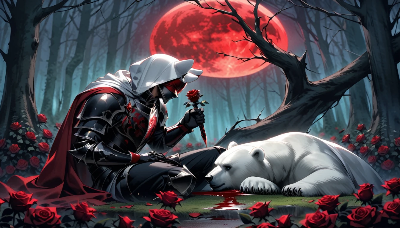 Male knight with a white hood with bear ears with sword behind his back sits on the ground towards a polar bear in a forest while the moon shines, many Roses cover the ground and lightning falls from the sky. The polar bear sleeps in front of the knight. Only the man wears a red blindfold. In the background of the picture is the blood moon and a tree has fallen down in the path. The forest is full of trees with leaves. The armor of the man is black and red roses decorate it. The knight has its sword in his hand.
