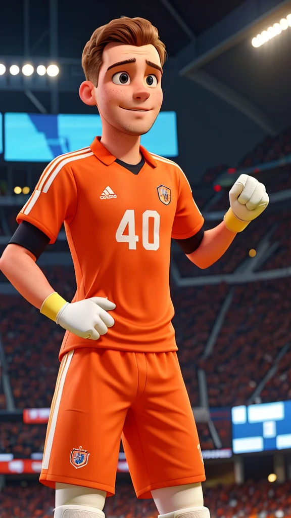 Goalkeeper wearing orange uniform celebrating victory 