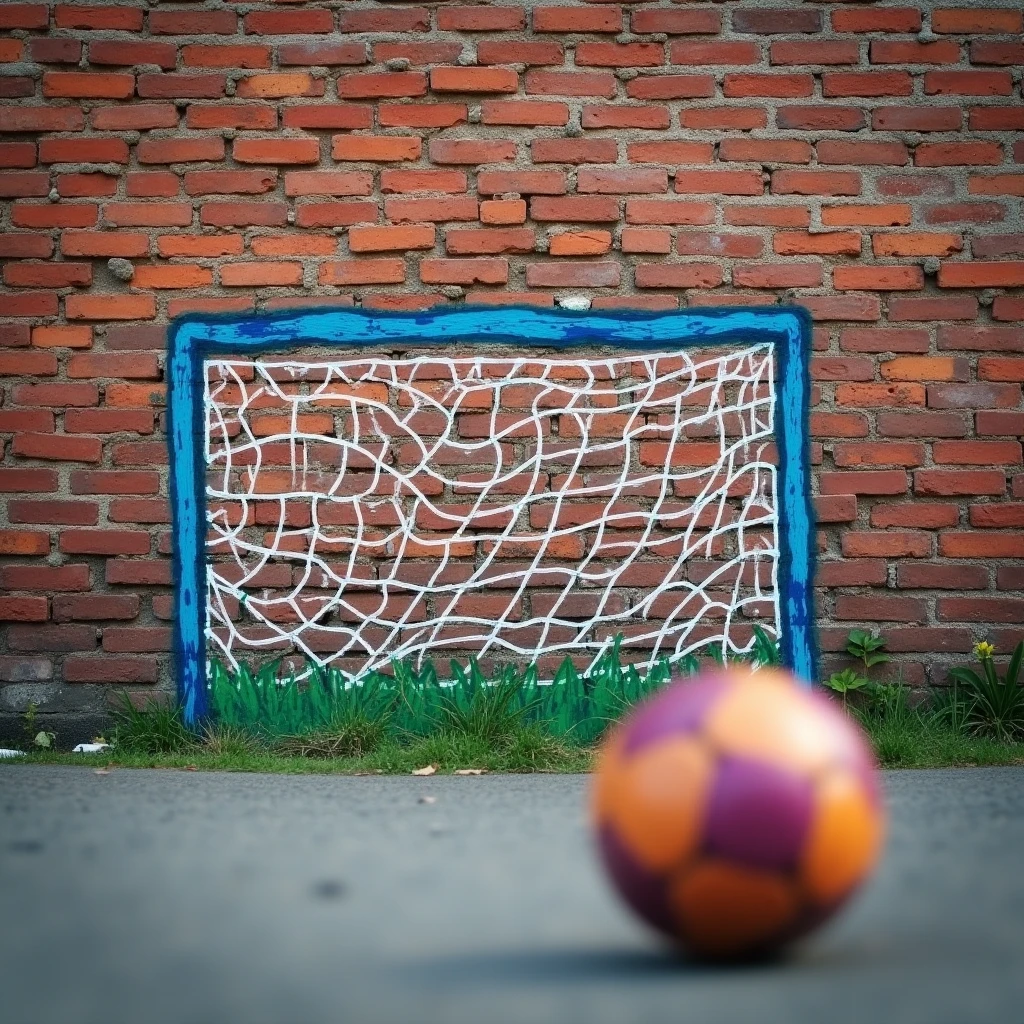 brick wall with a soccer goal drawn in paint on it and a blurred soccer ball with the focus only on the wall