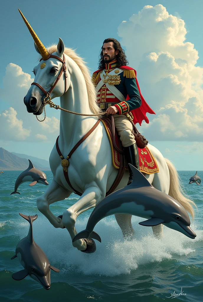 Simon Bolivar on a unicorn with dolphins on one side