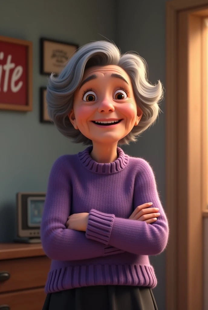 Animated screenshot A granny with short black hair, adorable face with brown eyes, has a happy expression. She is wearing a purple sweater and a black skirt and in the background she has the words "Elite"