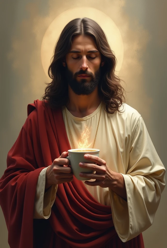 Jesus Christ holding a cup of coffee