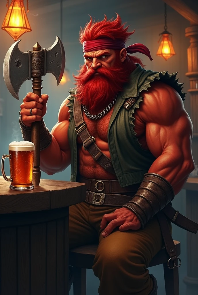 A fire Genasi male, hair red, red skin, a dark red bushy beard a large battle axe in one hand and a mug of ale in the other. He’s kind of meh faced and sitting in a bar. Wearing a bandana on his head and a shirt no sleeves. Class fighter. Beard bushy
