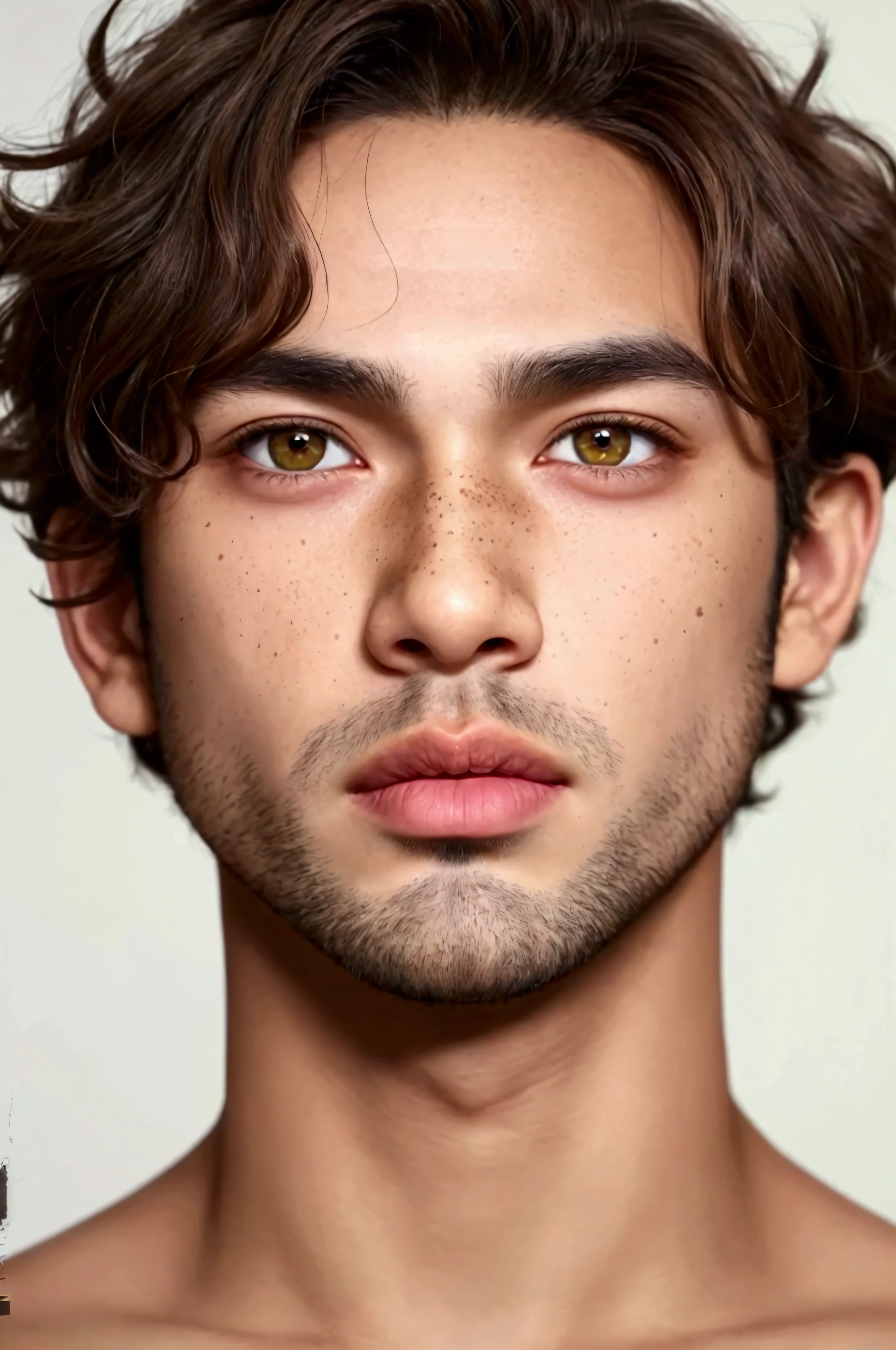 Create a realistic style young man who has tanned skin, square but soft face, fleshy lips, pointy nose, round eyes, with the right iris being green and the left iris being brown, thick eyebrow, freckles all over face, a thin beard and curly light brown hair.