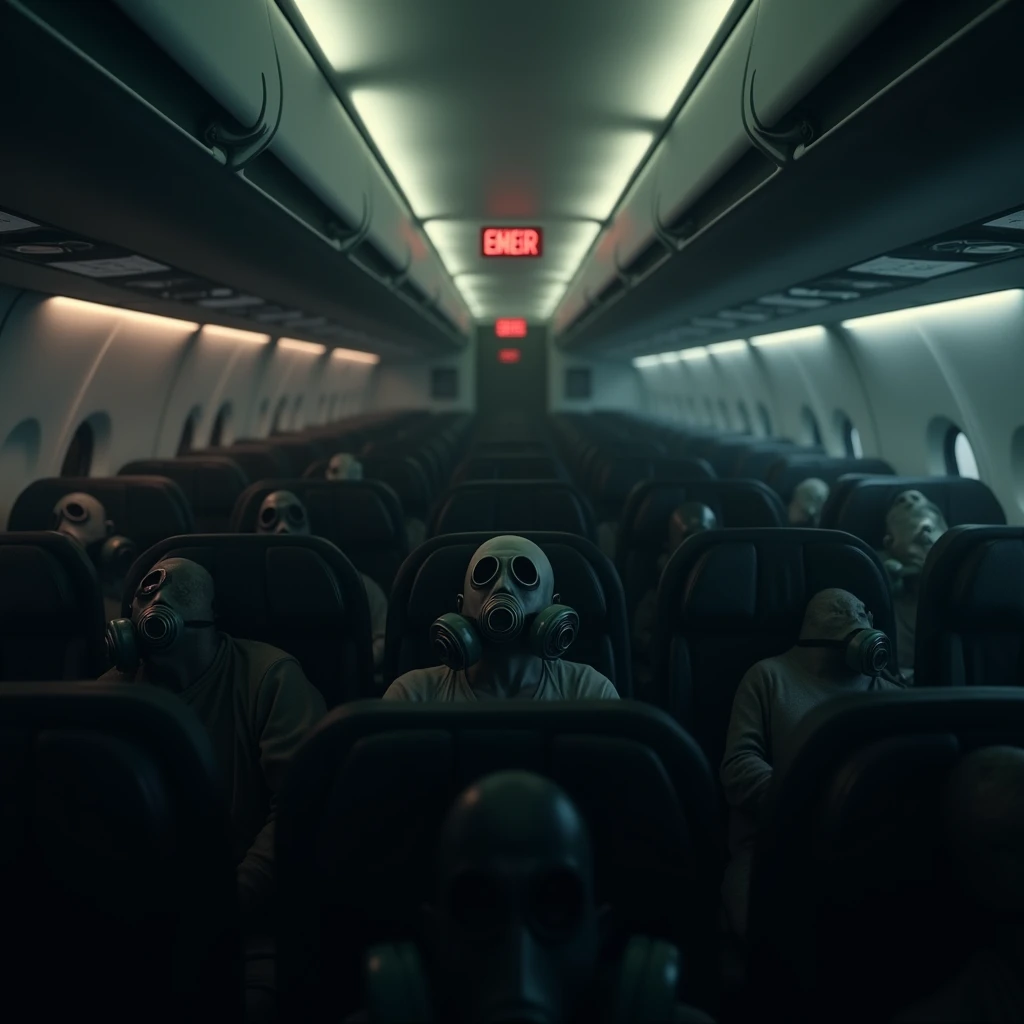 plane with human skeletons sitting with hair and old clothes very clear image