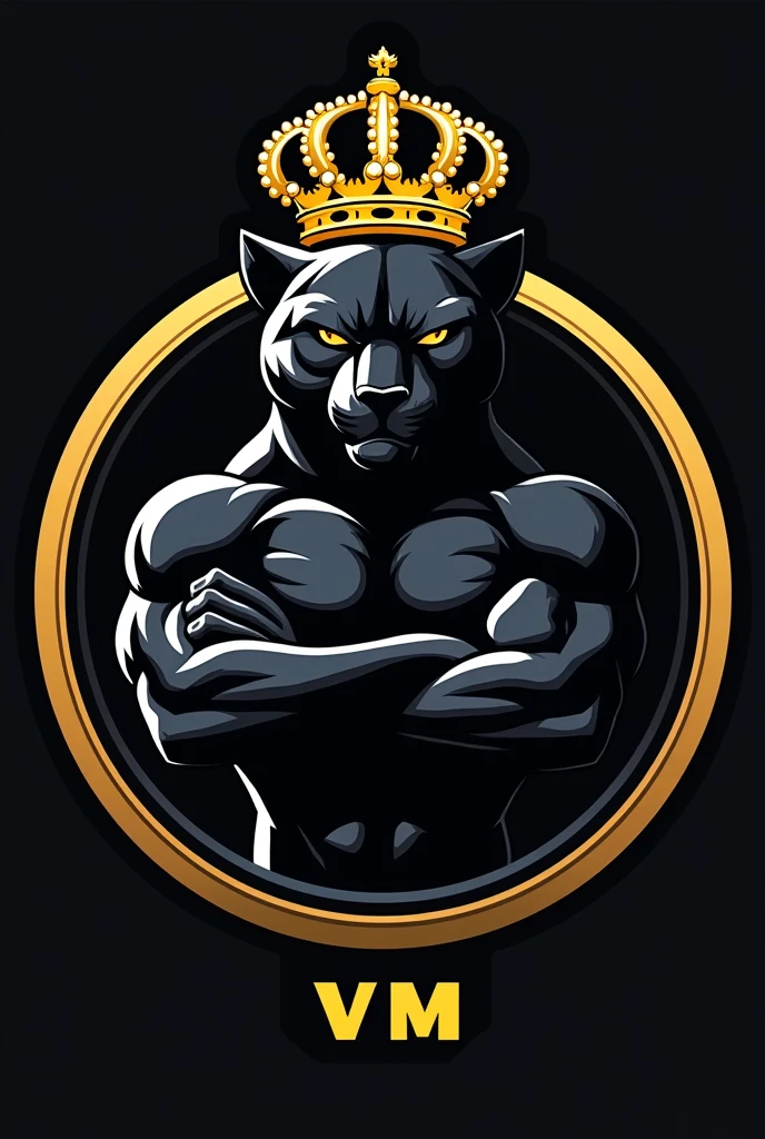Crie um escudo de time with the name REAL VM, inspired by Real Madrid with the crown on top, In black and white colors, the mascot could be a black panther with its arms closed, make an intimidating shield, with the golden crown, make the shield round, black and white colors, only the golden crown, with the name "REAL VM" no shield.