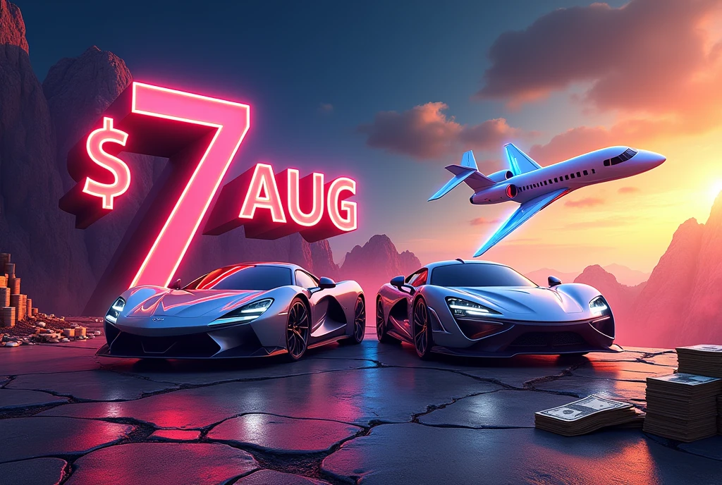 Create a banner having heading " 7 AUG " and then next heading " 5000$ . Background money, luxury cars, luxury jet flying. And RGB smokes .