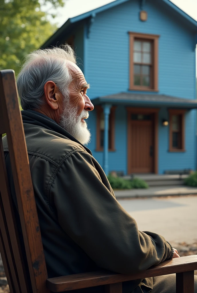 In a rocking chair, facing your blue house, with two floors, wooden doors and windows facing a quiet city street. This is how the elderly man with weather-worn features looked.. Your skin is wrinkled with age spots, deep lines around the eyes and mouth. He has clear and expressive eyes that convey wisdom and life experiences.. He sports a well-groomed white beard and neatly combed gray hair..