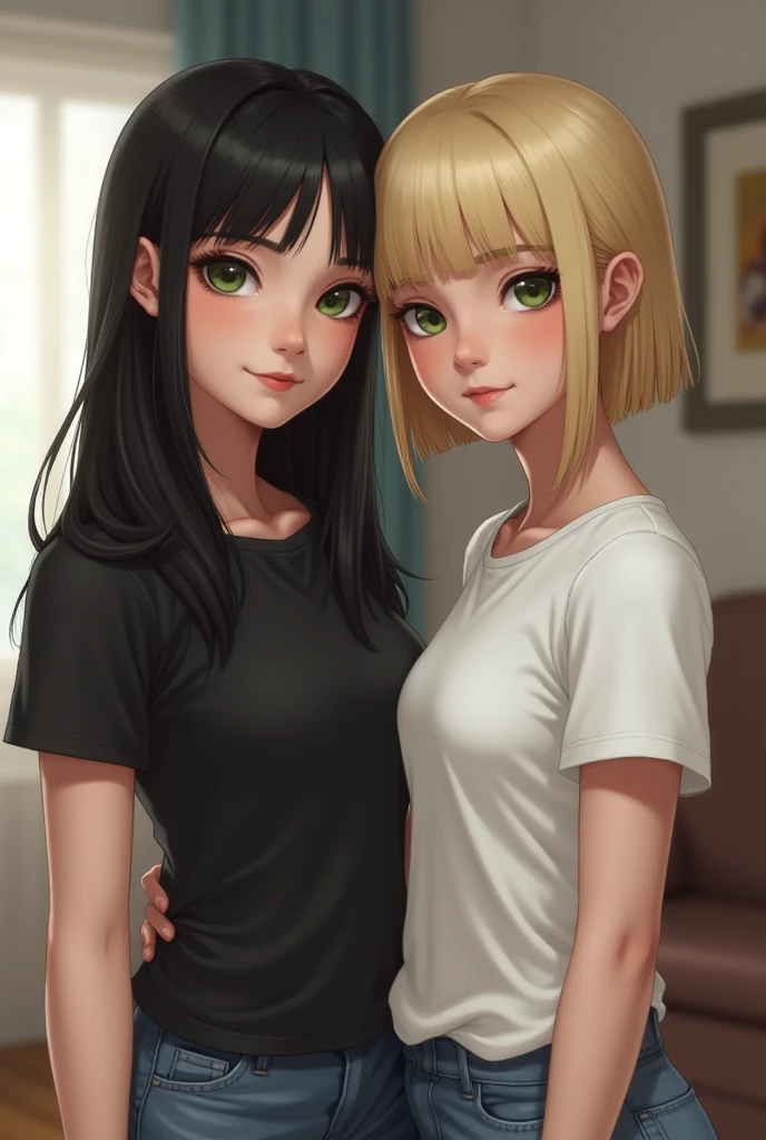 Realistic image of Two women standing next to each other one being white slender green eyes long straight black hair with bangs on her forehead delicate face wearing a black women's shirt, the second woman is white, thin, blonde, short straight hair to the neck, natural blonde, blue eyes, is wearing a white women's shirt, they are both standing in a living room with the blonde resting her arm on the other woman's shoulder.
