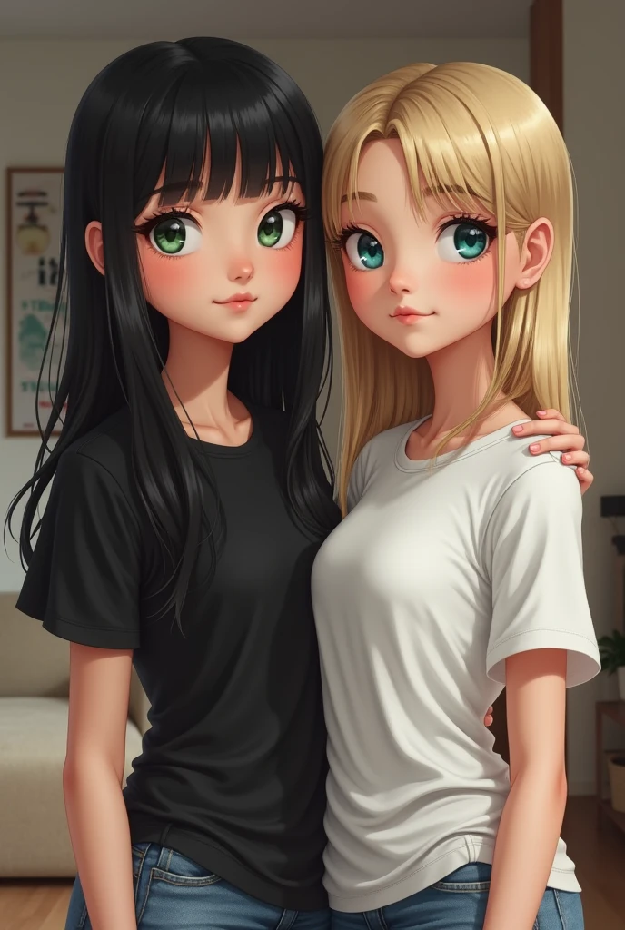 Realistic image of Two women standing next to each other one being white slender green eyes long straight black hair with bangs on her forehead delicate face wearing a black women's shirt, the second woman is white, thin, blonde, short straight hair to the neck, natural blonde, blue eyes, is wearing a white women's shirt, they are both standing in a living room with the blonde resting her arm on the other woman's shoulder.