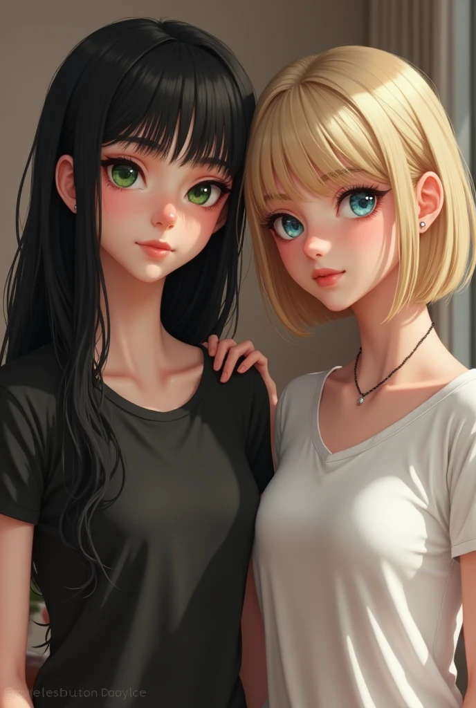 Realistic image of Two women standing next to each other one being white slender green eyes long straight black hair with bangs on her forehead delicate face wearing a black women's shirt, the second woman is white, thin, blonde, short straight hair to the neck, natural blonde, blue eyes, is wearing a white women's shirt, they are both standing in a living room with the blonde resting her arm on the other woman's shoulder.