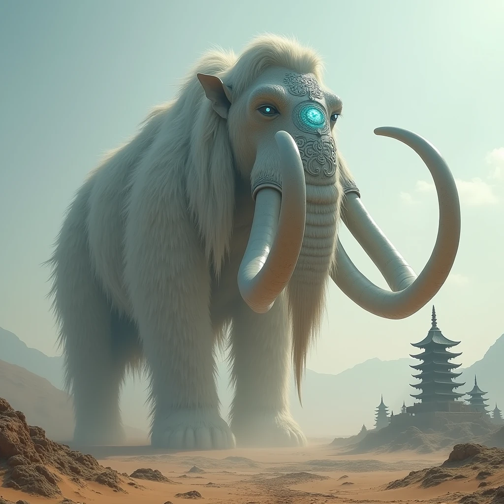 breathtaking cinematic scene, emerging from the horizon, an awe-inspiring colossus takes center stage—a mammoth of unimaginable size, draped in intricately carved, ancient armor. This towering beast, with tusks that spiral toward the heavens like the gnarled roots of an ancient tree, exudes both power and majesty. The armor that encases its massive form is adorned with intricate, swirling patterns, reminiscent of the oldest, most sacred temples, each etching glowing faintly with an otherworldly light, as if imbued with ancient magic. The mammoth's eyes, glowing a deep, ethereal blue, pierce through the haze of the desert, filled with an intelligence that speaks of eons of wisdom. Its fur, long and flowing like a river of white silk, catches the wind, giving the beast a regal, almost divine presence. The very air around it crackles with energy, as if the creature’s mere existence disturbs the natural order. In the distance, nestled among the dunes, is a cluster of ancient pagodas, their spires pointing skyward as if in silent prayer to the colossal being that towers over them. The architecture is delicate and ornate, a striking contrast to the raw, primal power of the mammoth. The pagodas seem insignificant in comparison, dwarfed by the sheer scale of the creature, yet they stand resolute, as if acknowledging the mammoth’s presence as both protector and harbinger of an ancient prophecy.