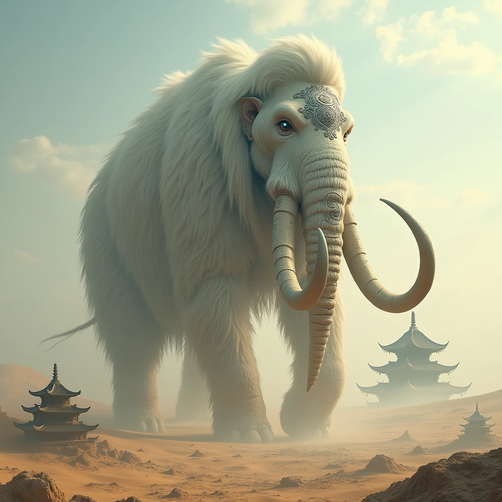 breathtaking cinematic scene, emerging from the horizon, an awe-inspiring colossus takes center stage—a mammoth of unimaginable size, draped in intricately carved, ancient armor. This towering beast, with tusks that spiral toward the heavens like the gnarled roots of an ancient tree, exudes both power and majesty. The armor that encases its massive form is adorned with intricate, swirling patterns, reminiscent of the oldest, most sacred temples, each etching glowing faintly with an otherworldly light, as if imbued with ancient magic. The mammoth's eyes, glowing a deep, ethereal blue, pierce through the haze of the desert, filled with an intelligence that speaks of eons of wisdom. Its fur, long and flowing like a river of white silk, catches the wind, giving the beast a regal, almost divine presence. The very air around it crackles with energy, as if the creature’s mere existence disturbs the natural order. In the distance, nestled among the dunes, is a cluster of ancient pagodas, their spires pointing skyward as if in silent prayer to the colossal being that towers over them. The architecture is delicate and ornate, a striking contrast to the raw, primal power of the mammoth. The pagodas seem insignificant in comparison, dwarfed by the sheer scale of the creature, yet they stand resolute, as if acknowledging the mammoth’s presence as both protector and harbinger of an ancient prophecy.