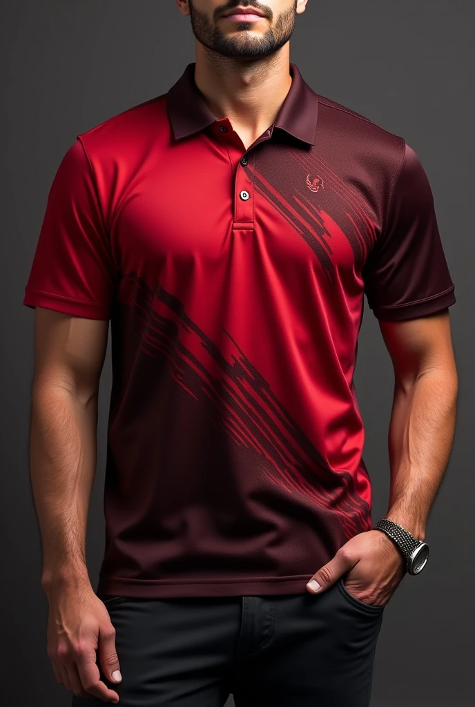 Give me a sports polo with a design that combines both dark and light red colors, very nice, all in red.
