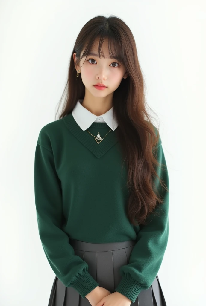 A pretty girl with pale skin, long brown hair, straight and with straight bangs, school uniform of green sweater and gray skirt, The girl is on a white background