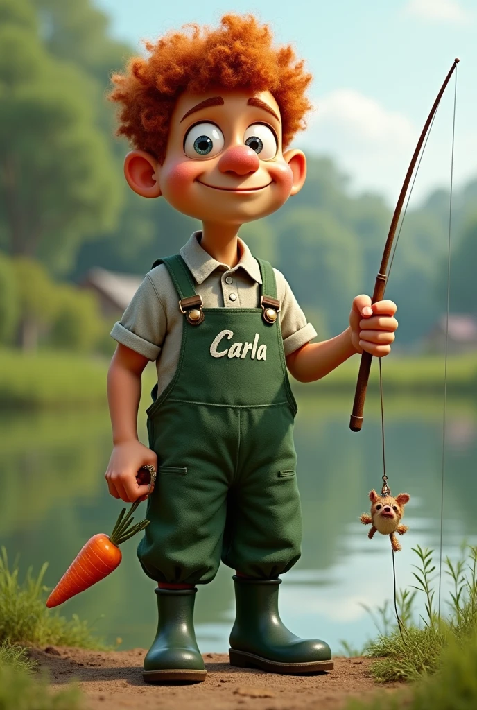 A human male with short curly red hair with green overalls that say "Carla" and dark green boots with a fishing rod in his hand and a carrot on the end