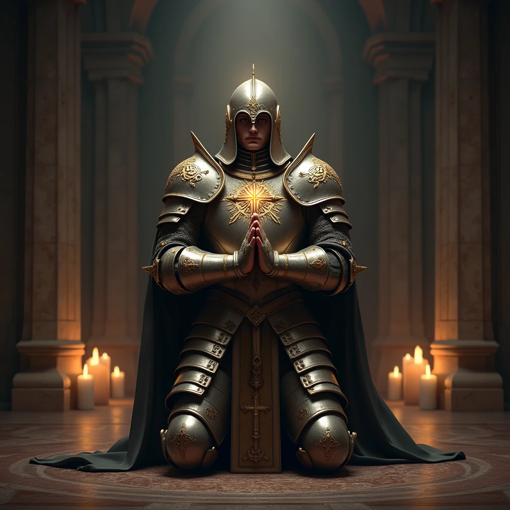 medieval heavy armor cleric, prayer, blessed by divinity