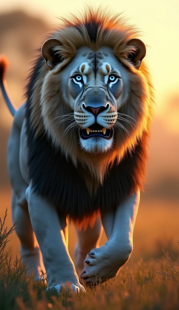 Generate an ultra realistic 8k image of a big strong blue-eyed lion