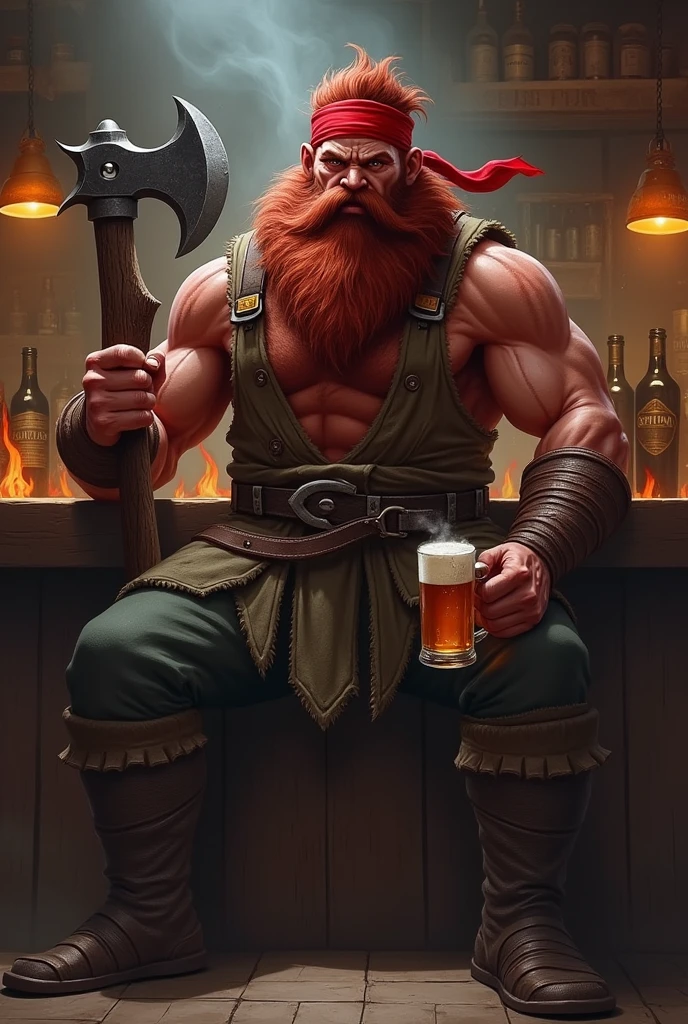 A fire Genasi male, hair red, red skin, a dark red bushy beard a large battle axe in one hand and a mug of ale in the other. He’s kind of meh faced and sitting in a bar. Wearing a bandana on his head and a shirt no sleeves. Class fighter. Beard bushy