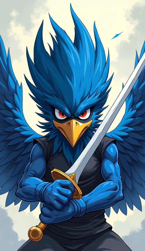 anime character with a sword in his hand and his face painted blue, 2 d anime, trigger anime art style, 坏蛋动漫8 K, 2d anime style, avian warrior, gurren lagann, rimuru storm profile picture, 2d art, 2d art, Shikanosuke Yagaki, Otaku de Ganga, holds a swordSolo,