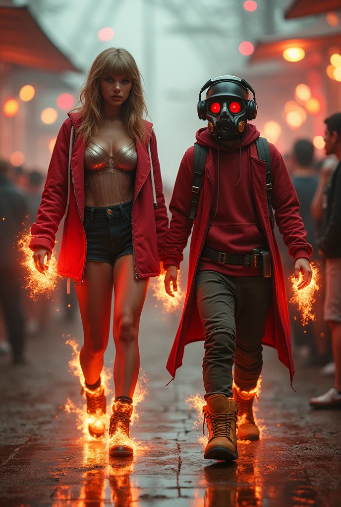 Taylor Swift, realistic, big breasts, full body & Youg Star-lord with red hoodie, headphones, Star-lord helmet, rocket boots, gas helmet, covered mouth, round red eyes, front cover, Dj, mask, fire in boots, free hair, party, cap on head, magic spells on hands, red eyes, flying.