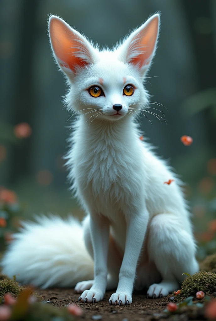 white fox fox tail bat ears black nose fox paws
