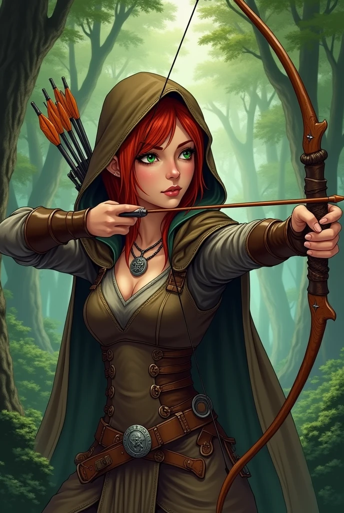 An elf, red hair, greeneyes, medieval leather clothing, brown hood, using bow and arrow, background forest, dense forest, serious look, concentrated, silver necklace with dragon symbol, Arte estilo de anime, done in pencil, big boobies