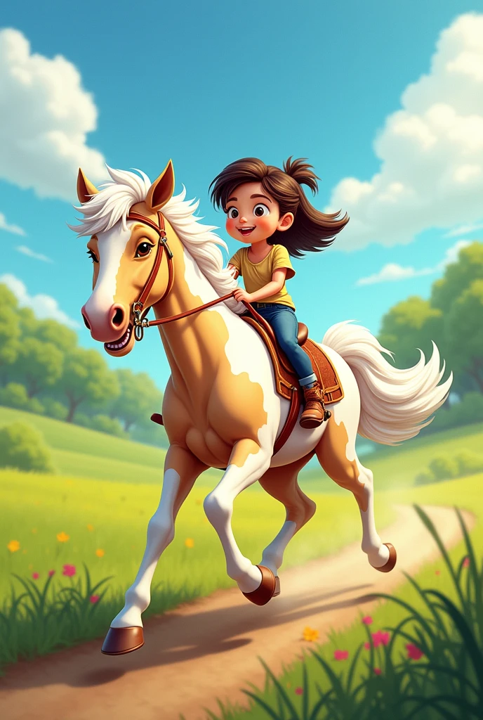 Image avec ecrie Pinder avec un cheval appaloosa beige et blanc la criniere blanche au galop sans cavalier style dessin animé avec une fille brune sur son dos
