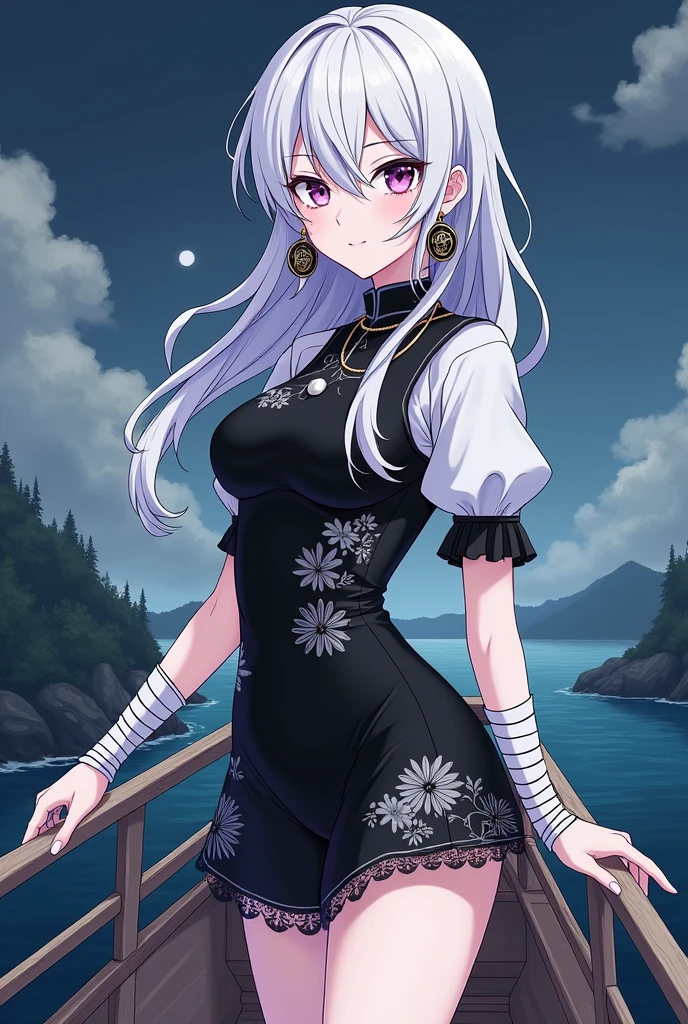 Comic panel One Piece girl pale skin and long wavy light white hair , purple eyes, bandages on hands, big earrings, single pearl necklace, with Black and White Chinese Style Puff Sleeve Short Floral Shapewear Dress with Waist Cincher , wide shot as she stands with her back turned on a boat