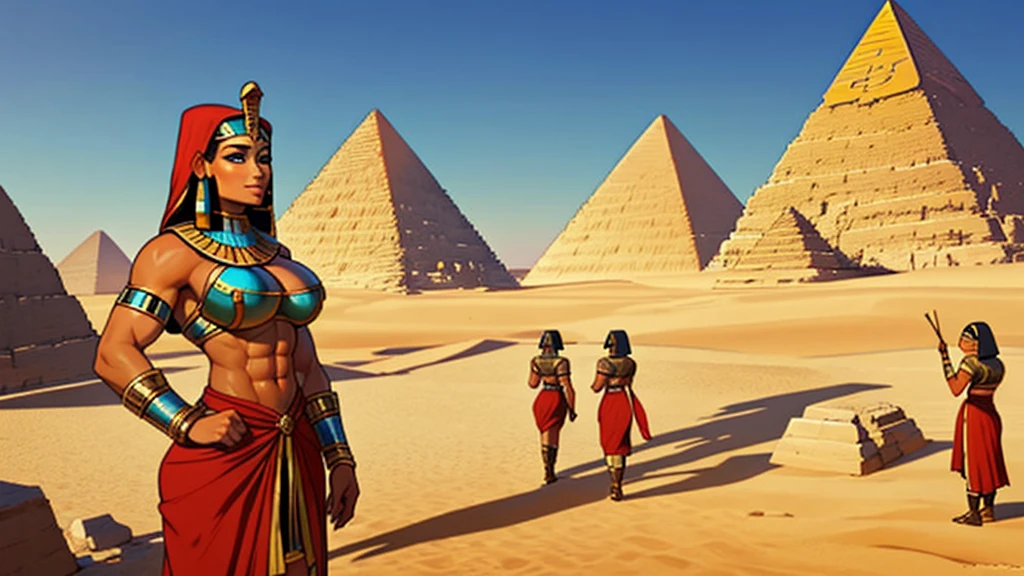 Very huge muscle female ancient egytpian warrior 2 female royal guards, protecting the pharaoh, with adoring look, extremely tanned, dark skinned, huge pecs, oiled skin, sunny, ancient egypt, pyramid on the background