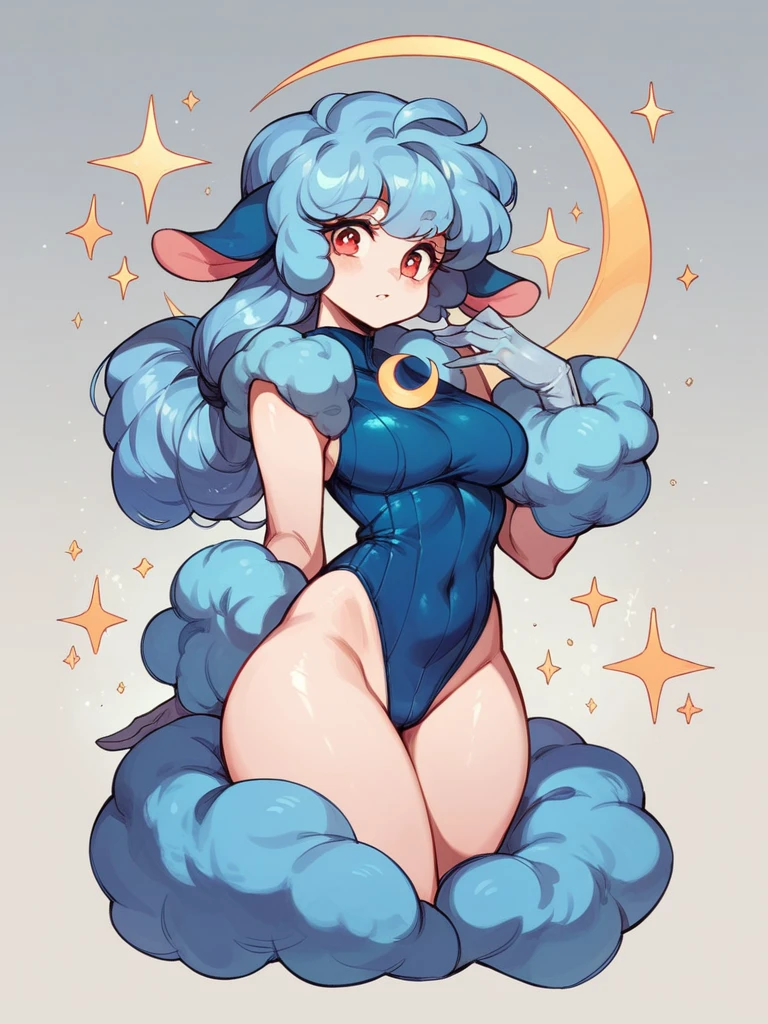 Female alpaca with midnight blue wool, wearing ruby colored leotard, silver gloves, time is midnight, crescent moon glowing gold