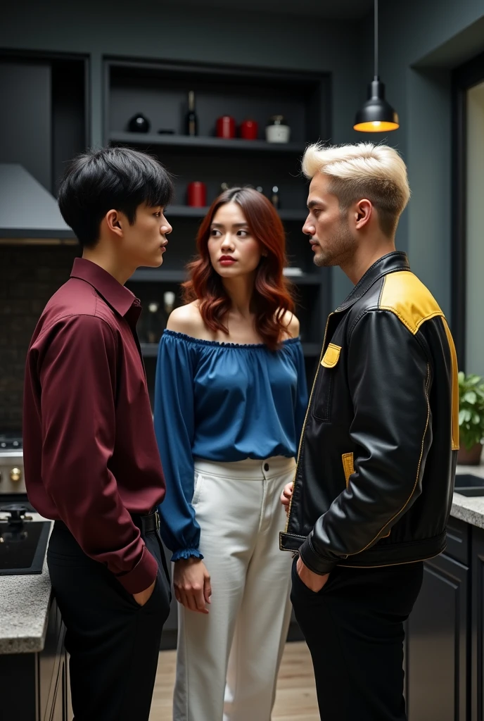 Two male models stand to the sides of a female model. The female is 170 cm, medium-long vibrant maroon wavy hair, pale skin, wearing a blue silk off shoulder blouse and white pants. One male is 190 cm tall, 2, with short black bowl cut wavy hair, side swept bangs, wearing a dark red dress shirt and black pants, Chinese features. The other male is shorter than the first and is 181 cm tall, 2, short platinum blond hair, side swept bangs, light skin, wearing a black and yellow black leather jacket, Icelandic features. The three of them are talking inside a modern black kitchen with some French inspiration. Cinematic shot.