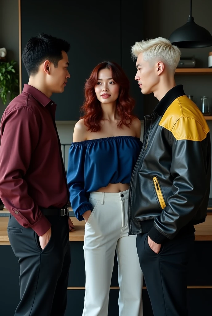 Two male models stand to the sides of a female model. The female is 170 cm, medium-long vibrant maroon wavy hair, pale skin, wearing a blue silk off shoulder blouse and white pants. One male is 190 cm tall, 2, with short black bowl cut wavy hair, side swept bangs, wearing a dark red dress shirt and black pants, Chinese features. The other male is shorter than the first and is 181 cm tall, 2, short platinum blond hair, side swept bangs, light skin, wearing a black and yellow black leather jacket, Icelandic features. The three of them are talking inside a modern black kitchen with some French inspiration. Cinematic shot.