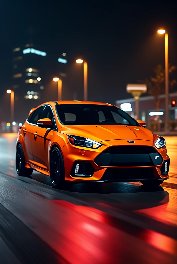 Ford focus st mk 4 in orange with black rims driving in the night 