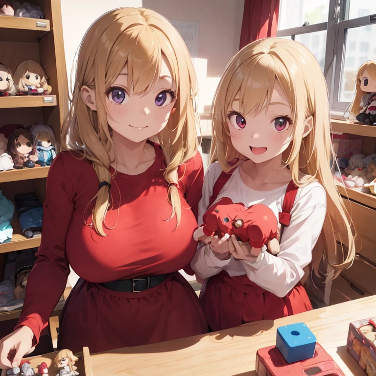 2 female, teenage girl, red long sleeve dress, blonde long hair, rosa cheeks, doll store, playing a dolls, happy face, huge breast, touch, kiss