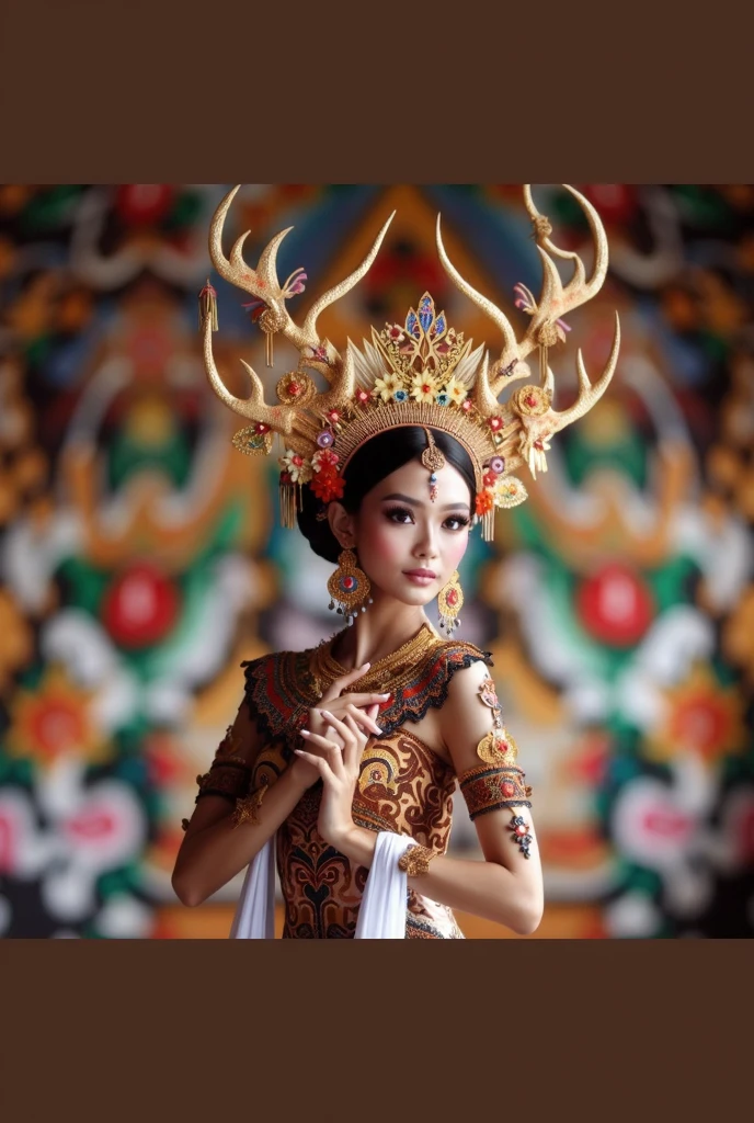 Masterpiece Luxurious Picture of a graceful beautiful Sundanese Deer Dance Dancer with iconic ornated deer tiara, bokeh, shallow depth of field