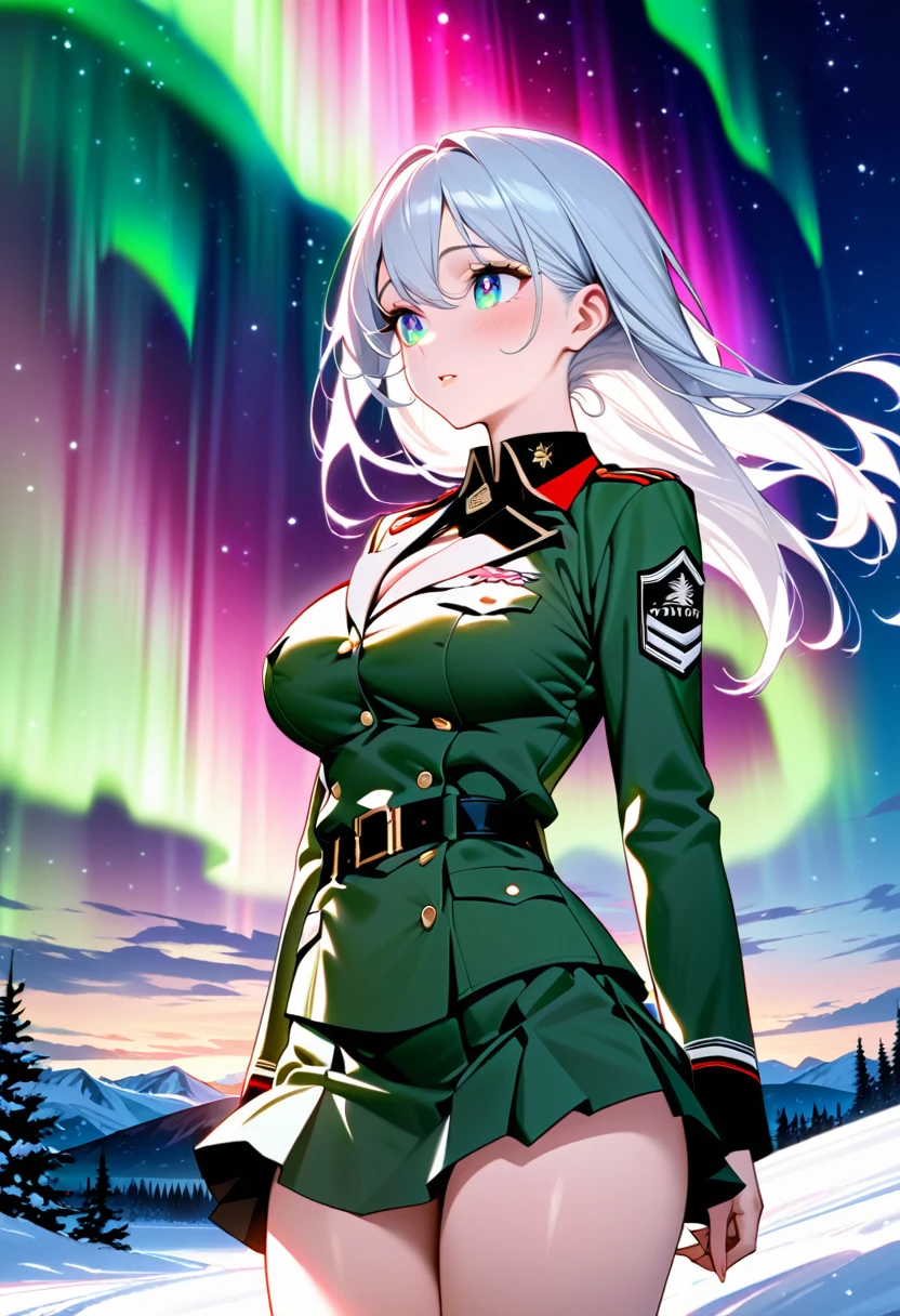a girl, snow-covered landscape, midnight, stunning aurora, girl gazing at aurora, beautifully shaped modestly large breasts, slim waist, fair skin, beautiful, petite, slender figure, fine hair, beautiful hair, uniform, (cleavage:0.8), (((white army uniform))), skirt, (large breasts), army, warm coat, cozy, detailed face, mesmerizing eyes, captivating expression, artistic depth, emotional resonance, masterpiece, ultra high quality illustration, high resolution, 16k, delicate details, breathtaking background, (SuperQuality:1.2)