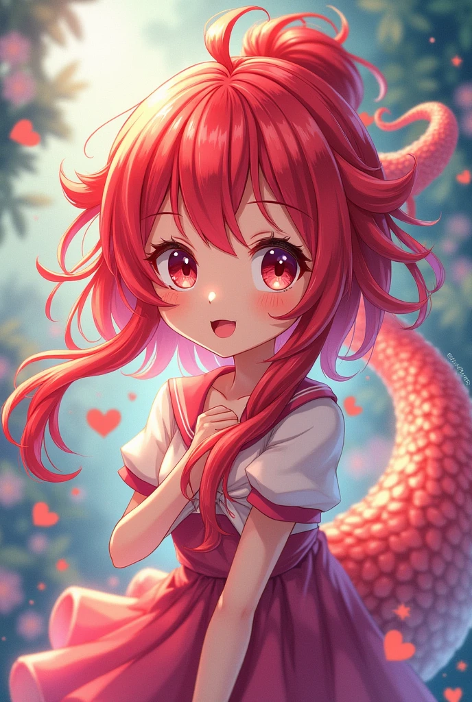 Cheerful anime girl with red hair, red eyes and a dragon tail.