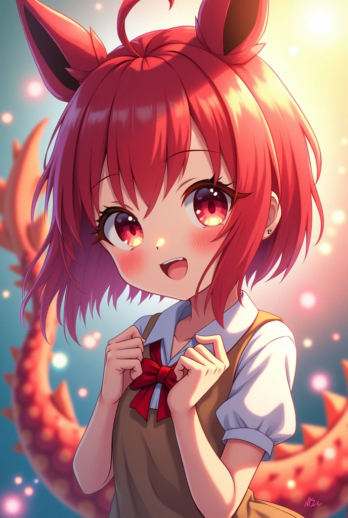 Cheerful anime girl with red hair, red eyes and a dragon tail.