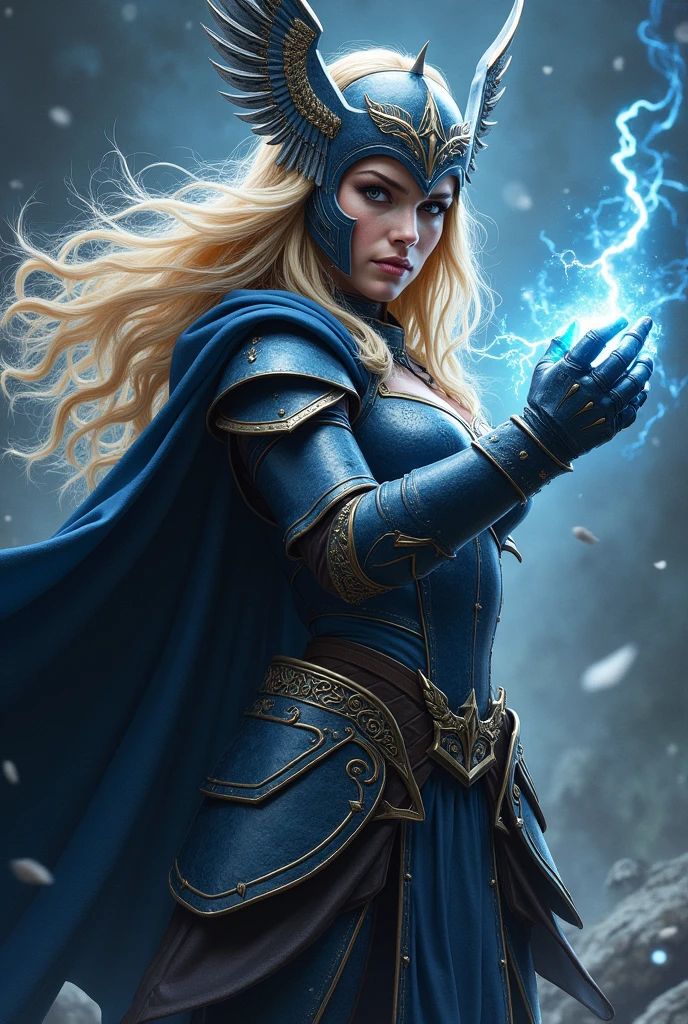 blonde haired norse goddess wearing a helmet, dark blue armor with gold trim, armored Gauntlet. cape with star-field. Cleavage. She has a stern expression. Winged helmet. Posed with arm raised Shooting lightning from hand.(detailed eyes, detailed face)