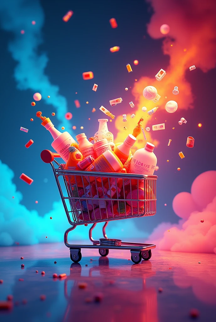 Create a vibrant Instagram Reels image (1080px x 1920px) to promote an online store partnership. Use a dynamic background with a blend of Magalu's signature colors—bright blues, reds, and yellows—without any logos or direct brand references. The image should feature a shopping cart overflowing with colorful, glowing products, symbolizing variety and abundance. Incorporate subtle motion lines or abstract shapes to convey energy and excitement. The text should read 'Discover Exclusive Deals with Our Partner Store!' in a bold, modern font.