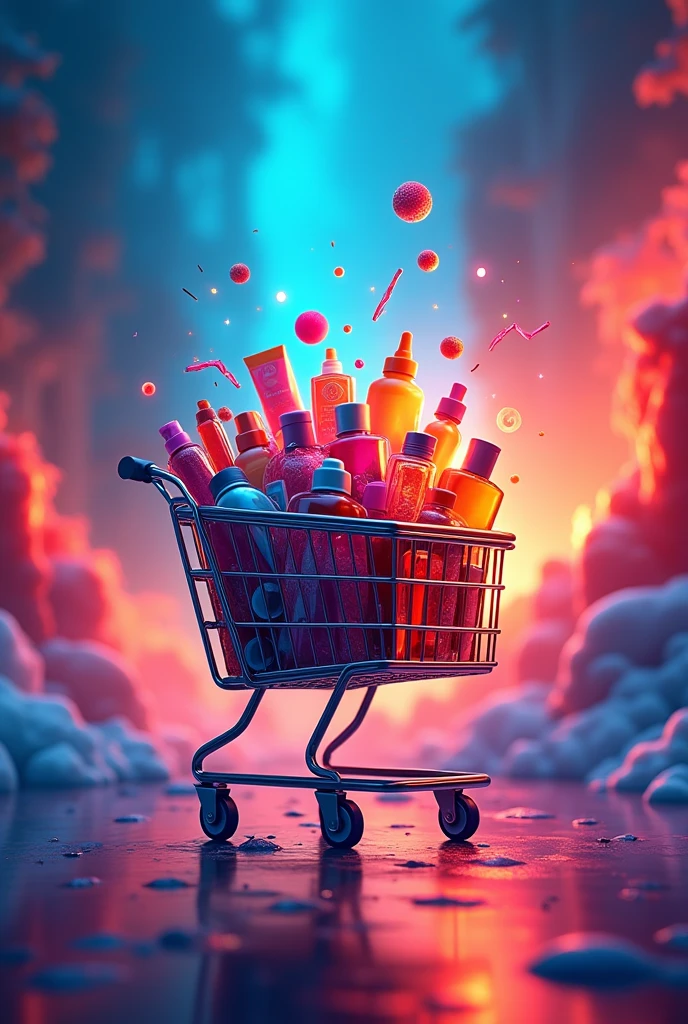 Create a vibrant Instagram Reels image (1080px x 1920px) to promote an online store partnership. Use a dynamic background with a blend of Magalu's signature colors—bright blues, reds, and yellows—without any logos or direct brand references. The image should feature a shopping cart overflowing with colorful, glowing products, symbolizing variety and abundance. Incorporate subtle motion lines or abstract shapes to convey energy and excitement. The text should read 'Discover Exclusive Deals with Our Partner Store!' in a bold, modern font.