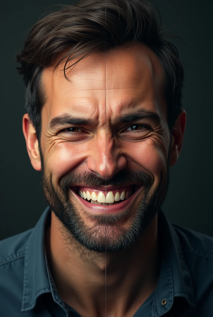 
**"A split image of a man with two half-portraits. The left side shows the man's face with a frustrated expression, including furrowed brows and clenched teeth. The right side shows the same man's face with a happy expression, including a big smile and bright eyes. The background should be simple, with the left side darker and the right side brighter."**
