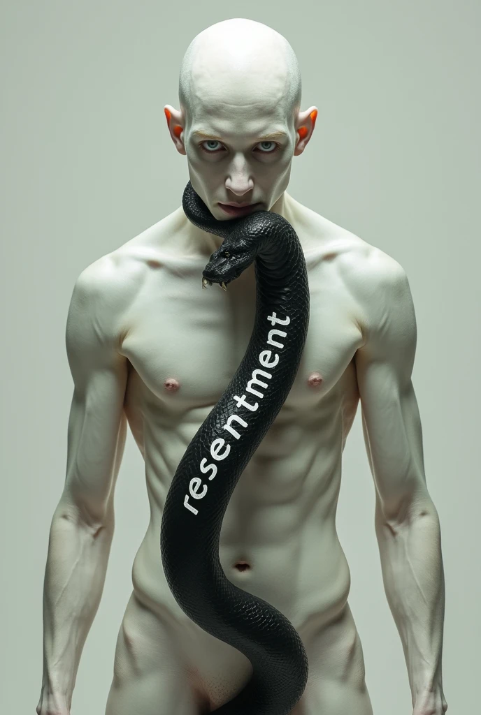 a bald albino about to swallow a black snake, on the body of the snake is written the words: resentment
