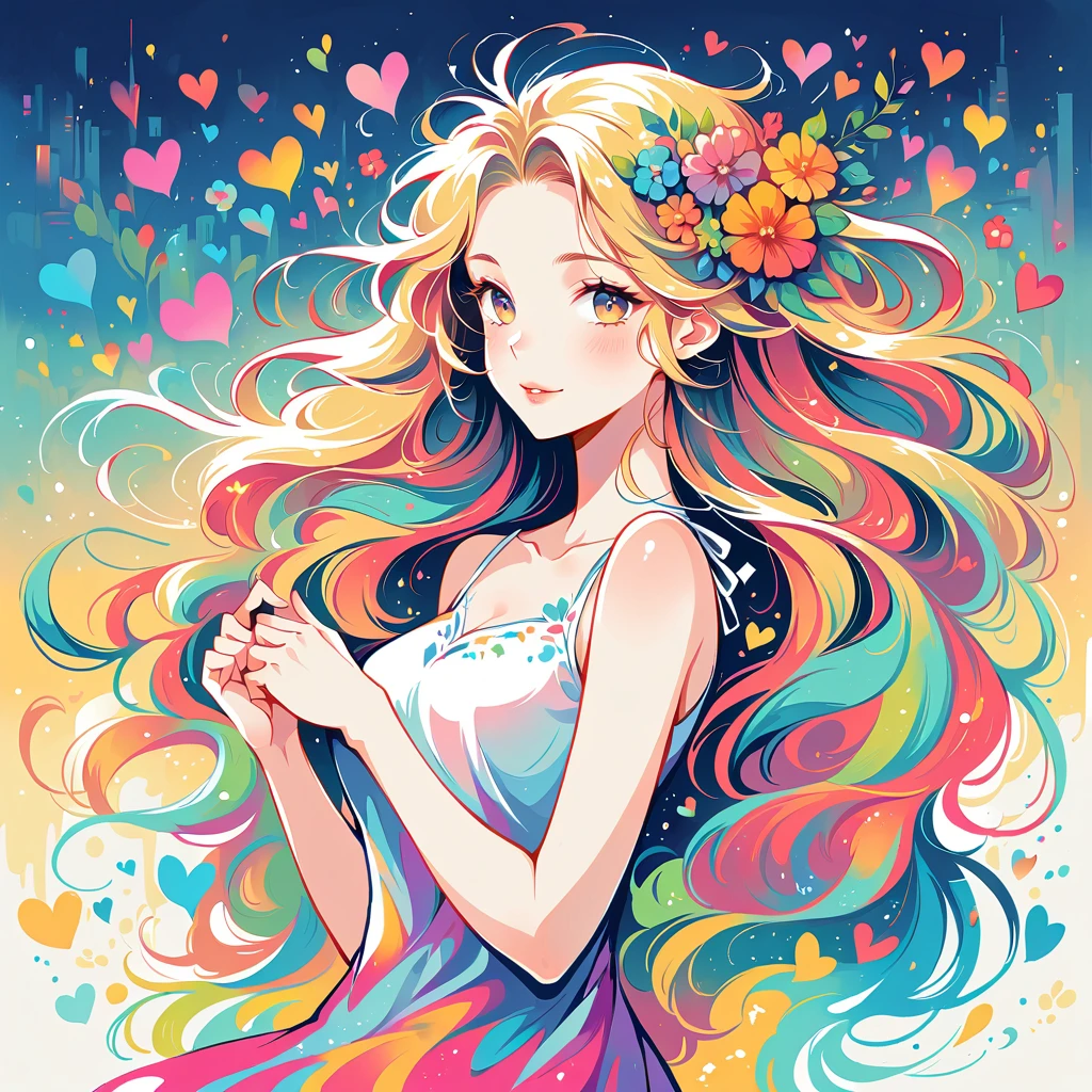 Heavy rain and lightning。Wearing a sleeveless dress、Light rainbow hair、A big smile、most beautiful girl of all time、Lips in Love、Colorful flowers、colorful hearts, Simple line initials、Abstract art、Urban Background